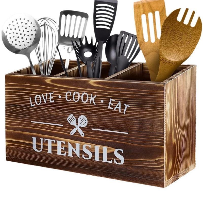 ที่ใส่ภาชนะสีน้ําตาล Rustic ไม้ภาชนะแคดดี้ Crocks 3 ช่องสําหรับเคาน์เตอร์ครัว, Farmhouse Flatware Or