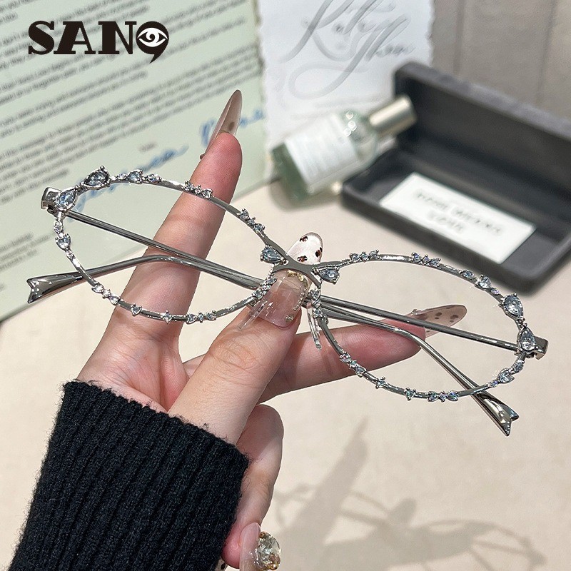 เวอร์ชั่นเกาหลีของ Niche High-end Sense Diamond-encrusted Bow โลหะแว่นตากันแดดรูปไข่ผู้หญิง