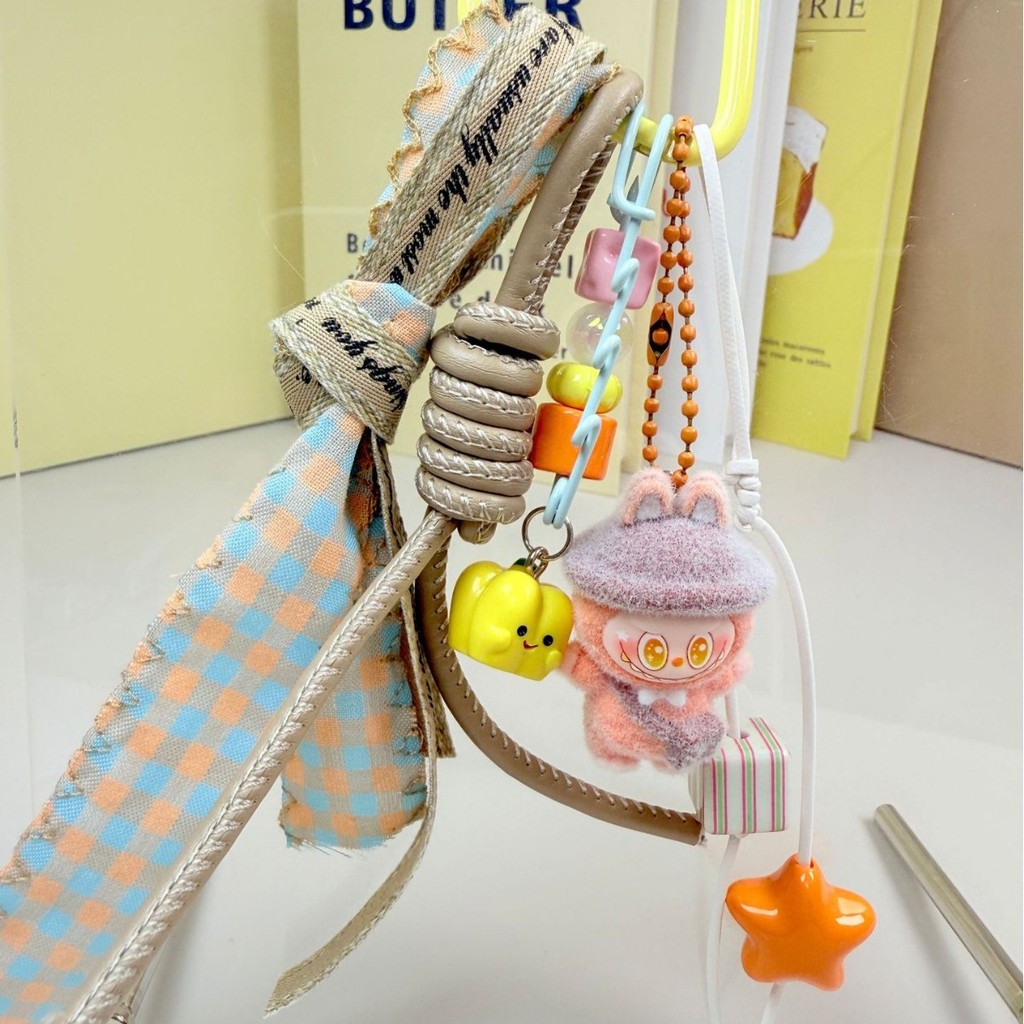 Pop Mart Labubu Bag Flocking Schoolbag Pendant Girls Orange Keychain kS0p