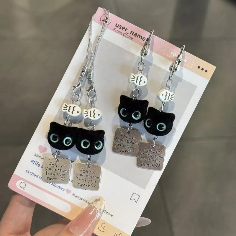 Little Black Cat น่ารัก Flocked พวงกุญแจโทรศัพท์มือถือกระเป๋าโซ่จี้พวงกุญแจจี้อเนกประสงค์เชือกเส้นเล็กเรียบง่าย
