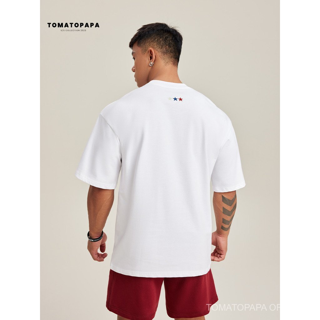 เสื้อยืดคอกลมแขนสั้นผู้ชาย TOMATOPAPA สไตล์อินเทรนด์ พิมพ์ครึ่งแขน ทรงคลาย oversized — صورة 5