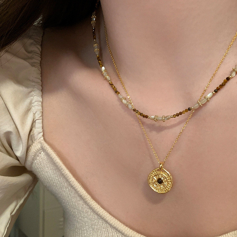 【Ready Stock】 Maillard Style Natural Stone Beaded Compass Pendant Twin Necklace Female Mild Luxury R