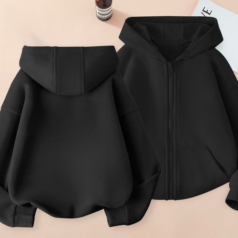 เด็กว่างเปล่าซิปขึ้นเสื้อกันหนาวหมวกสีดําและสีขาวสีทึบแจ็คเก็ตนุ่มสบายแจ๊กเก็ตสบายๆ