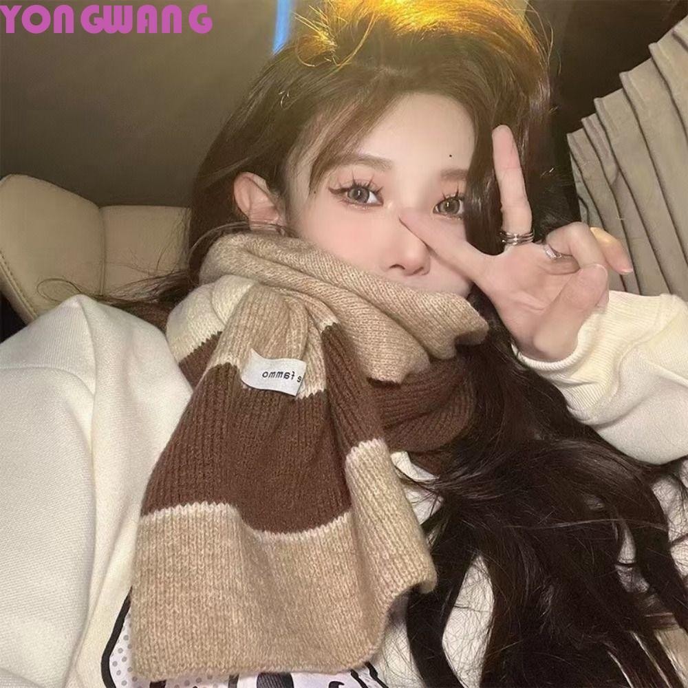 YONGWANG66HR ถักผ้าพันคอลาย,สไตล์เกาหลีWindproofฤดูหนาวผ้าพันคอขนสัตว์,Insหนานุ่มY2kผู้ชายผู้หญิงคอน