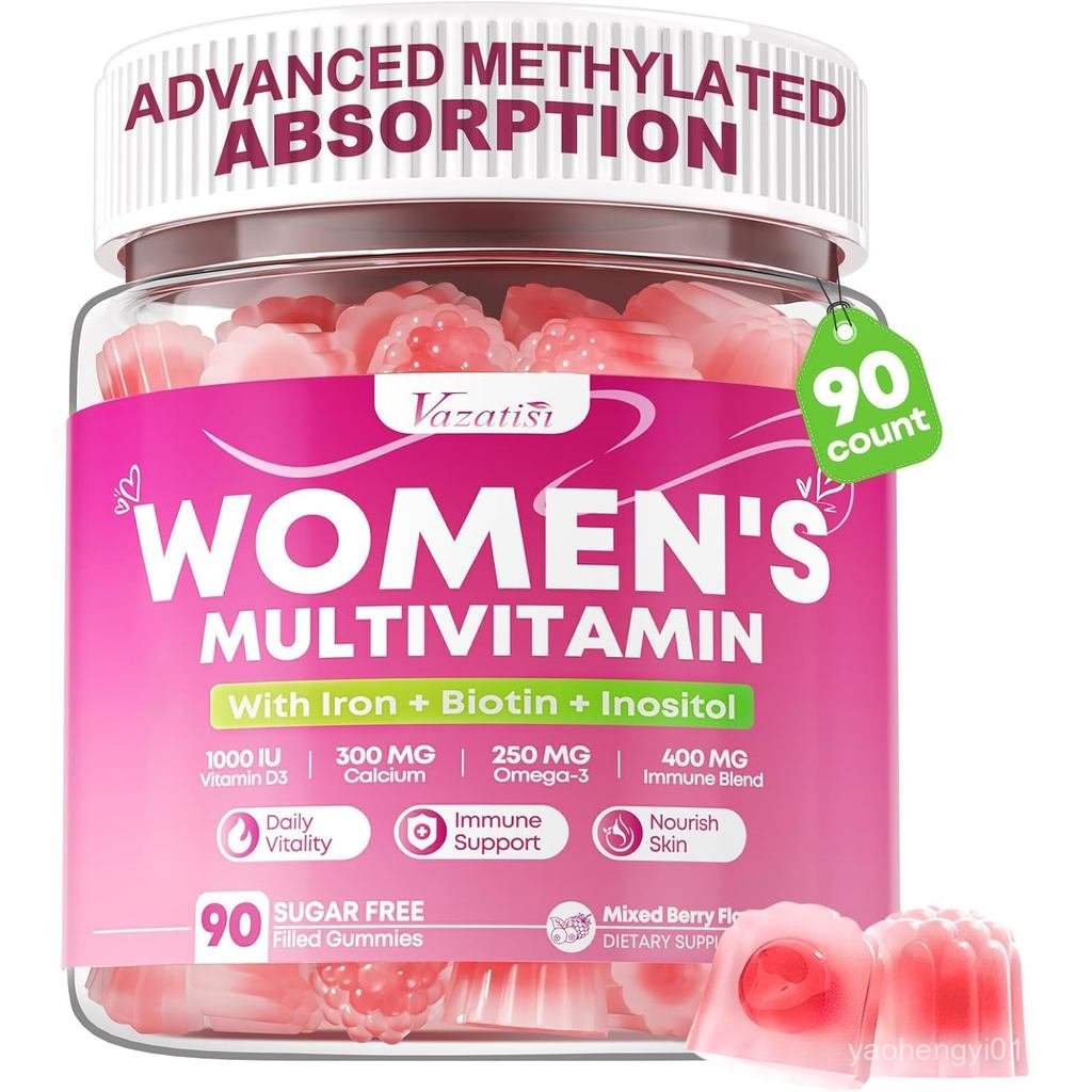 90 Count Womens Multivitamin Gummy, Methylated Multivitamin for Women with Iron, Biotin, Vitamin A, 