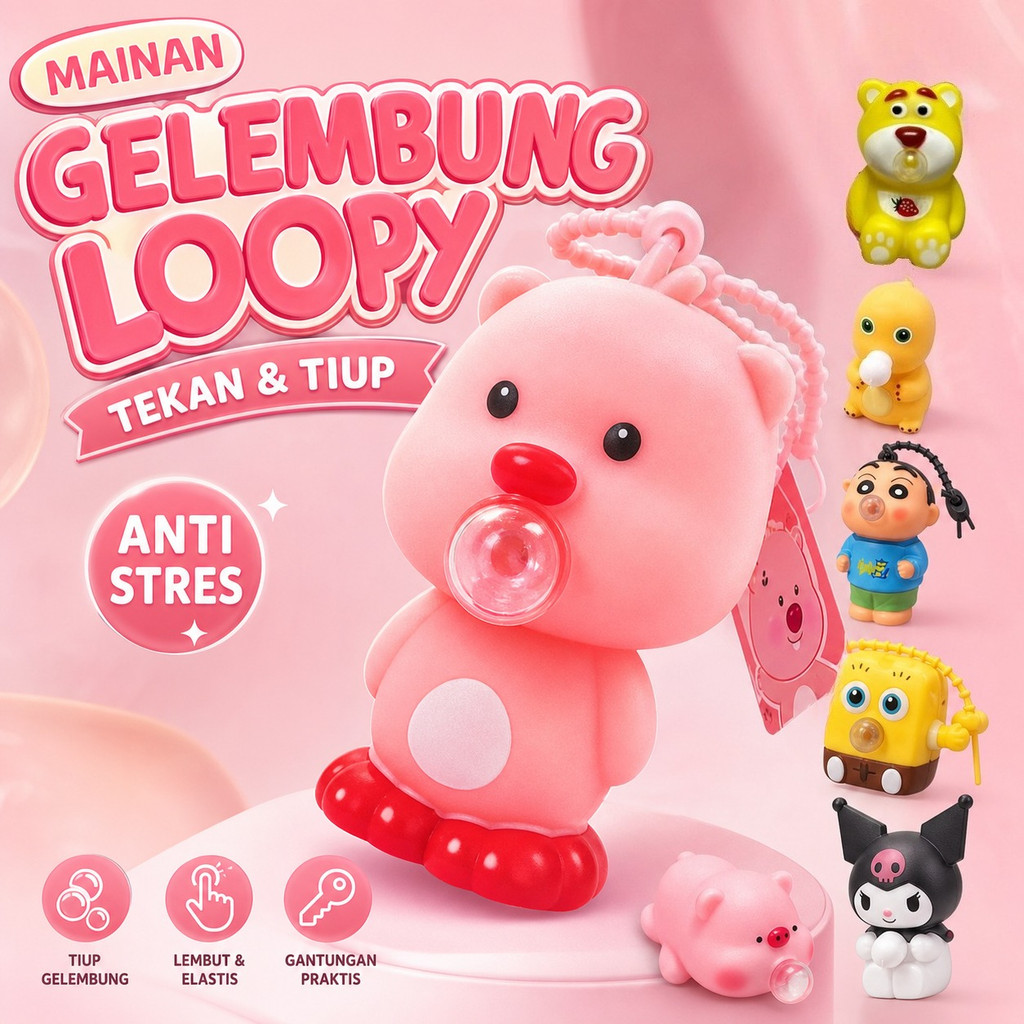 GANTUNGAN LOOPY KEYCHAIN INFLATABLE BALLOON SQUISHY JELLY LOOPY CHILDRENS TOY NAILONG PRESS