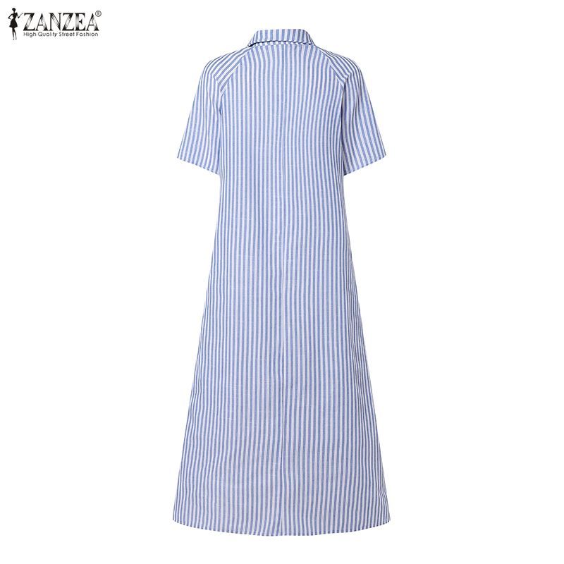 ZANZEA ผู้หญิงเกาหลีชุดลําลองแขนสั้นครึ่งกระดุม Ruffles Hem A-Line ชุดเดรสลายทาง — صورة 8