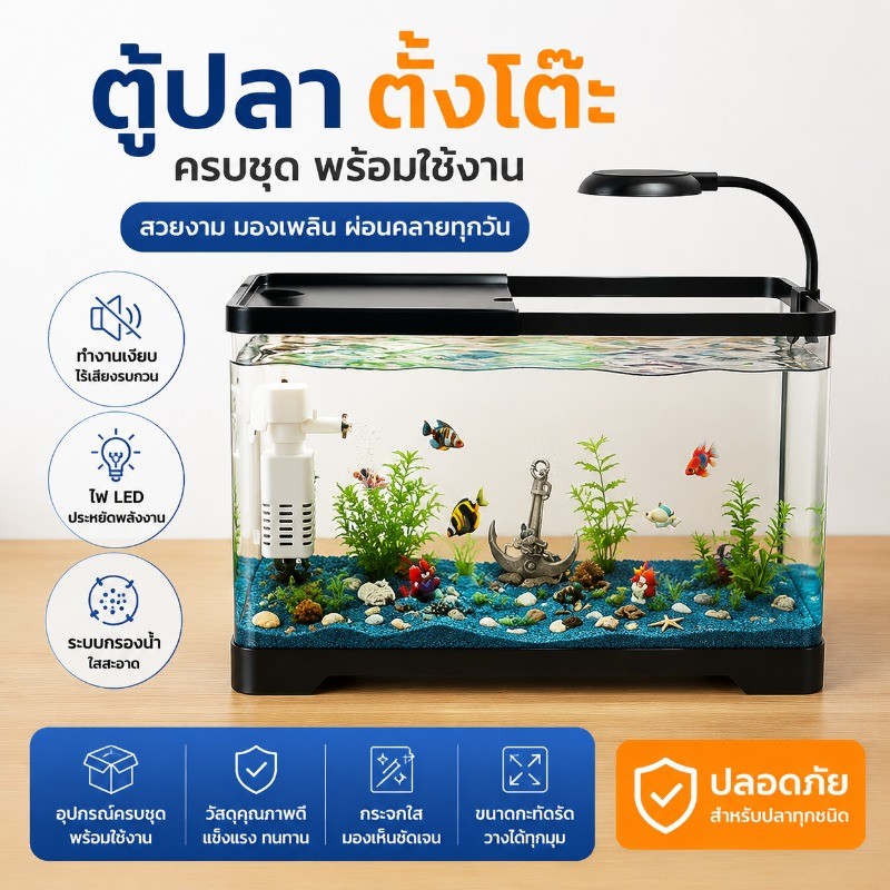 ตู้ปลาขนาดเล็กรุ่นใหม่ มีระบบกรองในตัว มีภูมิทัศน์ที่สมบูรณ์ พร้อมไฟ led ชมปลาได้ตลอดเวลา