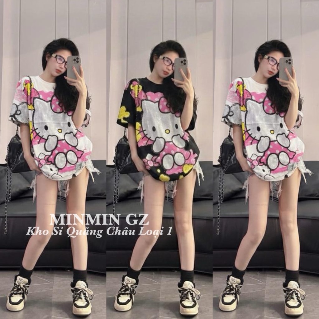 เสื้อยืด SA SC KITTY พร้อมเลื่อม VIP OVERSIZE ภายใต้ 75 กก. สินค้ากวางโจวคุณภาพสูง มาตรฐานระดับ 1