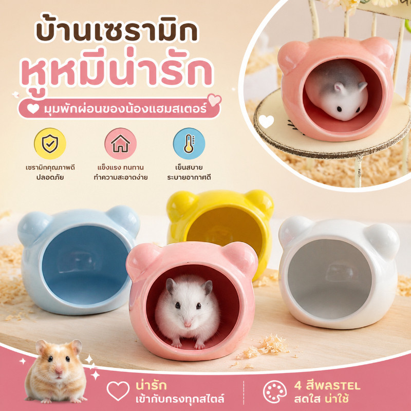 บ้านหนูแฮมสเตอร์เซรามิก รังสัตว์เล็ก เย็นสบาย ระบายอากาศดี ทนทาน ทำความสะอาดง่าย ดีไซน์น่ารัก ที่นอนสัตว์เลี้ยงขนาดเล็ก