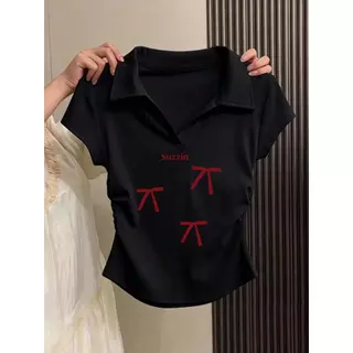 เสื้อทรงซ้อ เสื้อครอปสาวอวบ เสื้อยืดผู้หญิงทรงสลิม เสื้อเชิ้ตโบว์ เสื้อเชิ้ตโบว์ เสื้อยืดทรงจีบธรรมดาสำหรับผู้หญิง