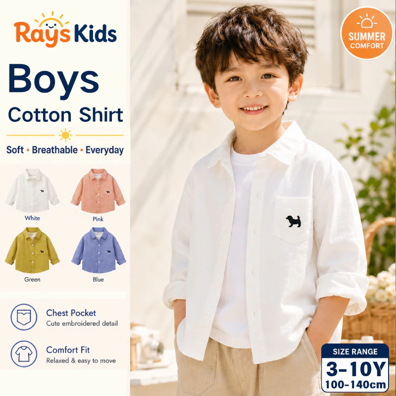 🌞【ส่งจากกทม】เสื้อเชิ้ตเด็กผู้ชาย แขนยาว สีขาว ผ้าฝ้าย ปักลายสุนัข คอปก แฟชั่น ใส่ทุกวัน 3-8ปี