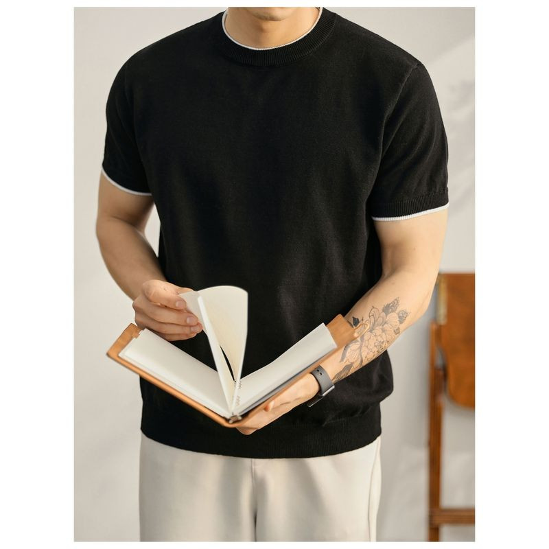 Trail Echo เสื้อยืดแขนสั้นผู้ชาย Old Money Style round Neck Top