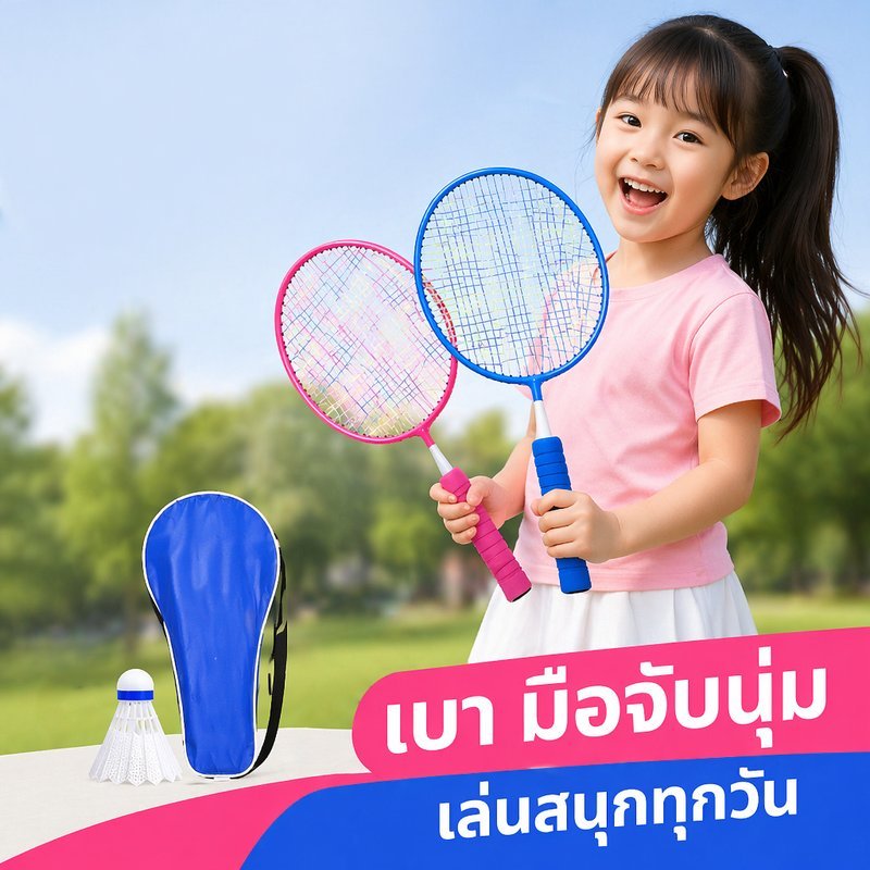 ไม้แบดมินตันเด็ก ชุดคู่ น้ำหนักเบา ด้ามจับฟองน้ำ กันลื่น พร้อมลูกขนไก่ กระเป๋าพกพา