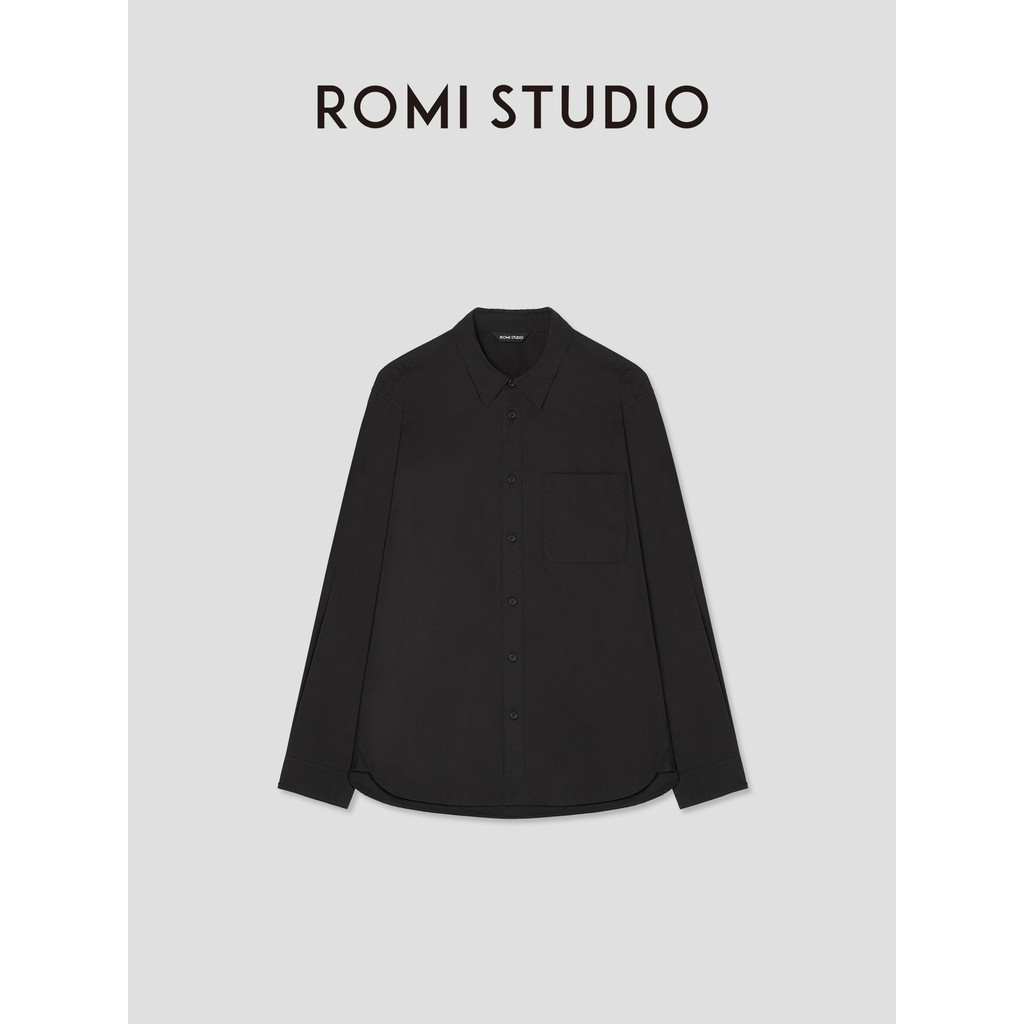 R ROMI STUDIO Minimalist ผ้าฝ้ายสีดําเนื้อหลวมเสื้อแขนยาว RWCSSJ2153