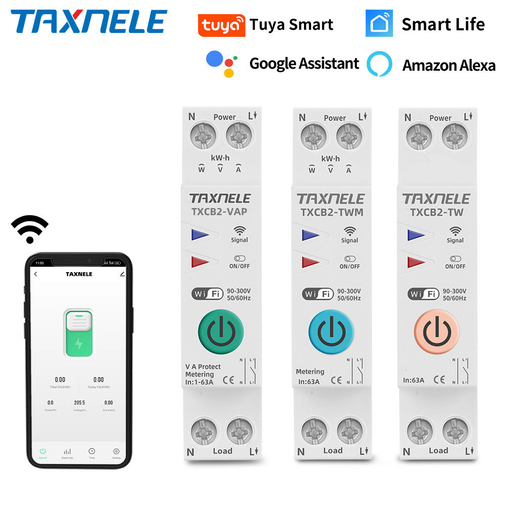 TAXNELE WIFI 63A 1P+N สมาร์ทสวิทช์มิเตอร์ KWh เมตรแรงดันไฟฟ้าเกินป้องกันสวิทช์ MCB TUYA สมาร์ทชีวิต 110VAC 230VAC Limiter