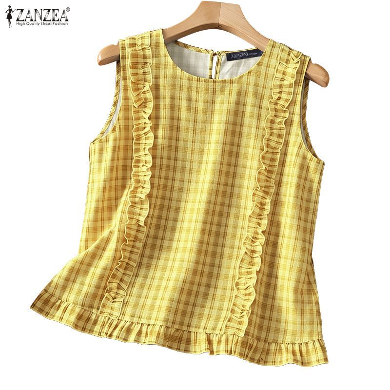 ZANZEA ผู้หญิงเกาหลีลําลอง O-คอแขนกุด Ruffle Trim ลายสก๊อต Tanks Tops
