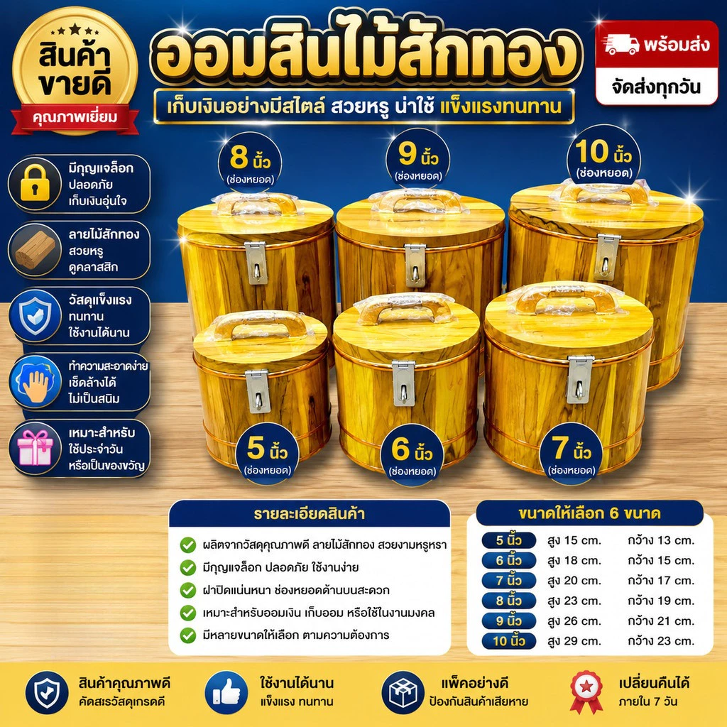 กระปุกออมสินไม้สักทองแท้ มีหูหิ้ว พร้อมที่ล็อคกุญแจ ขนาด 4-10 นิ้ว กล่องออมเงินไม้สัก ของขวัญมงคล