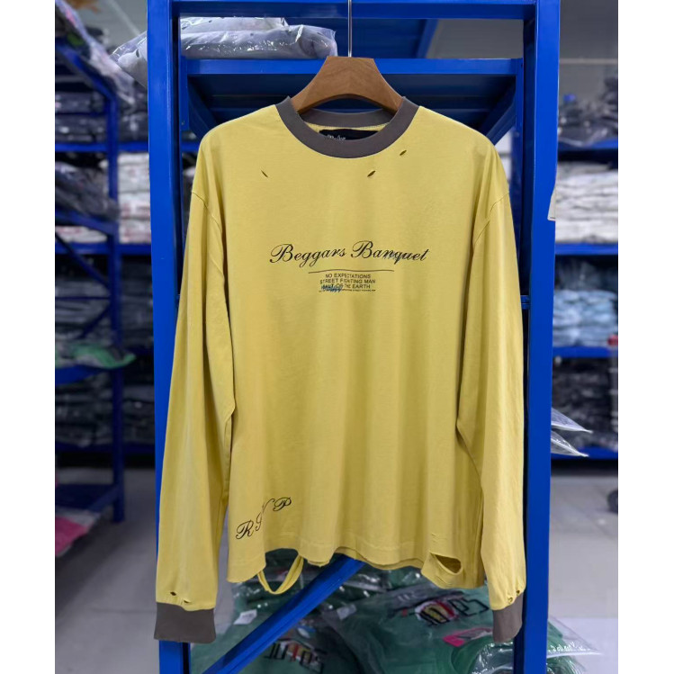 พร้อมสต็อก PH3966 สีเหลืองล้าง Distressed Contrast สีเสื้อยืดแขนยาว