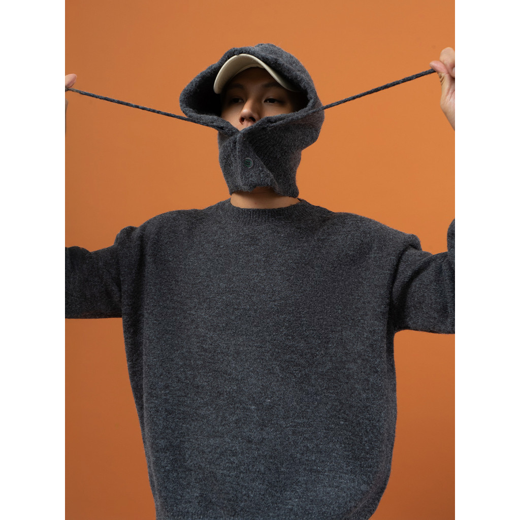CLP สีเทาแอปริคอทแยก Hooded Bib เสื้อกันหนาวถักเสื้อกันหนาวเสื้อกันหนาวผู้ชายผู้หญิงสวมหัว Loo