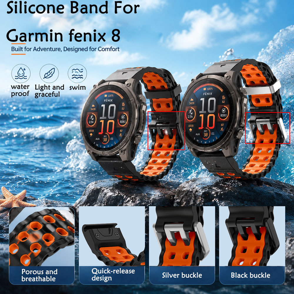 2PCS สายซิลิโคนสําหรับ Garmin Fenix8 Quick Fit Silver/Black Buckle กีฬาใต้น้ํา Breathable QUICK Rele