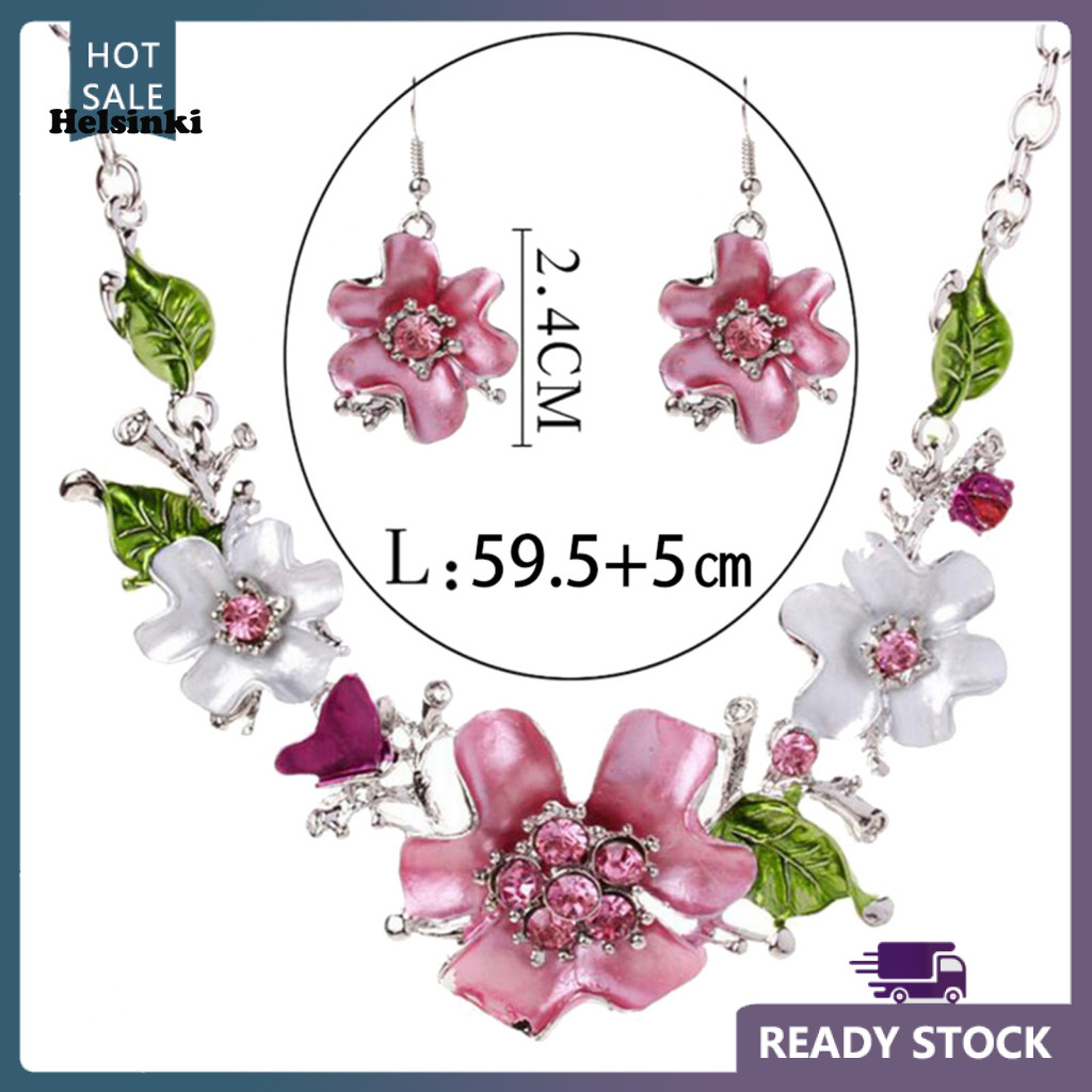 HLS หลากสีผู้หญิงดอกไม้ Rhinestone ฝังจี้สร้อยคอต่างหูชุดเครื่องประดับ