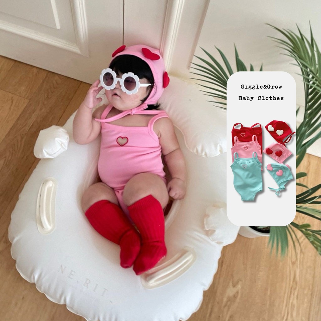 0-2 ปี Baby Heart Hollow Candy Color One-Piece Quick-Drying ชุดว่ายน้ํา + หมวกว่ายน้ําหัวใจ
