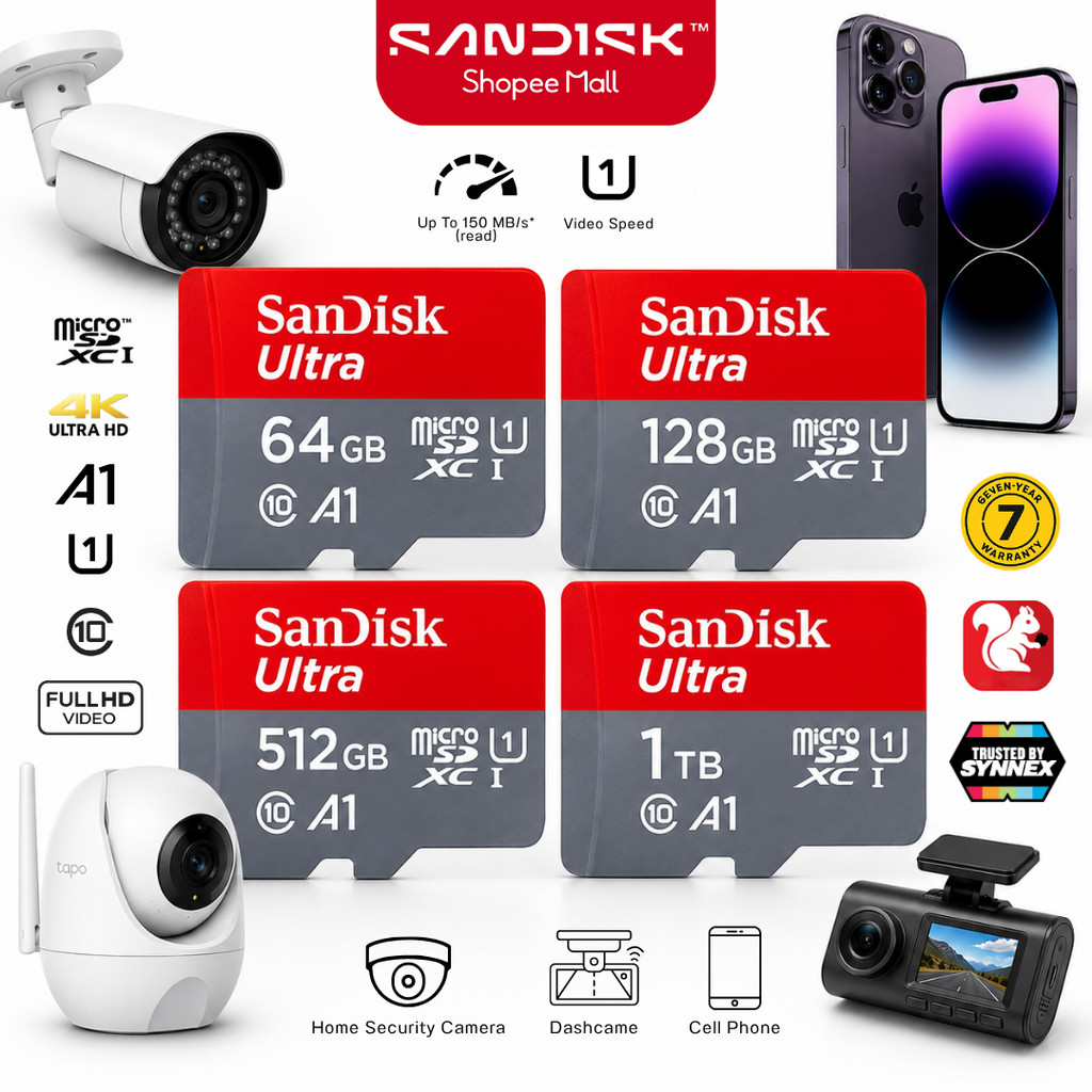 SanDisk Ultra Micro SD Card 32GB-1TB A1 U1 C10 เมมโมรี่การ์ด สำหรับโทรศัพท์ แท็บเล็ต