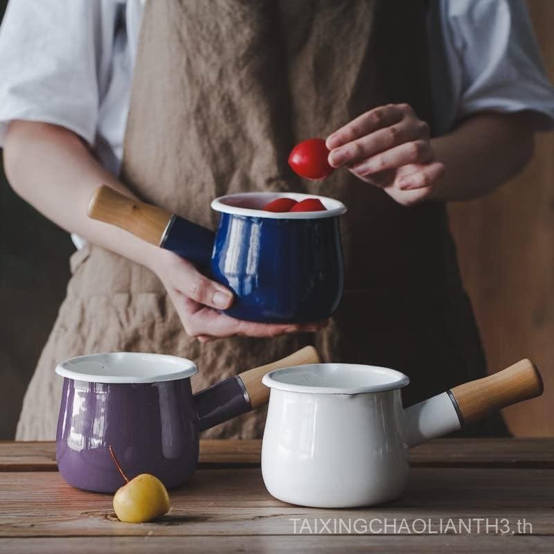 0.6qt มินิเคลือบหม้อนมฉนวนด้ามไม้ 2 เทพวยอาหารขนาดเล็กอุ่นน่ารัก Saucepan (D015,สีขาว)