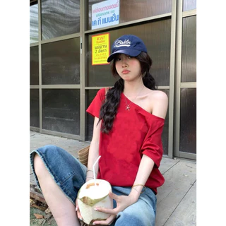 พร้อมส่ง ทรงหลวม เสื้อเเขนสั้นผู้หญิง เสื้อยืดเปิดไหล่ ผ้านิ่ม ใส่เเบบเปิดไหล่ได้ สาวอวบใส่ได้ Velca