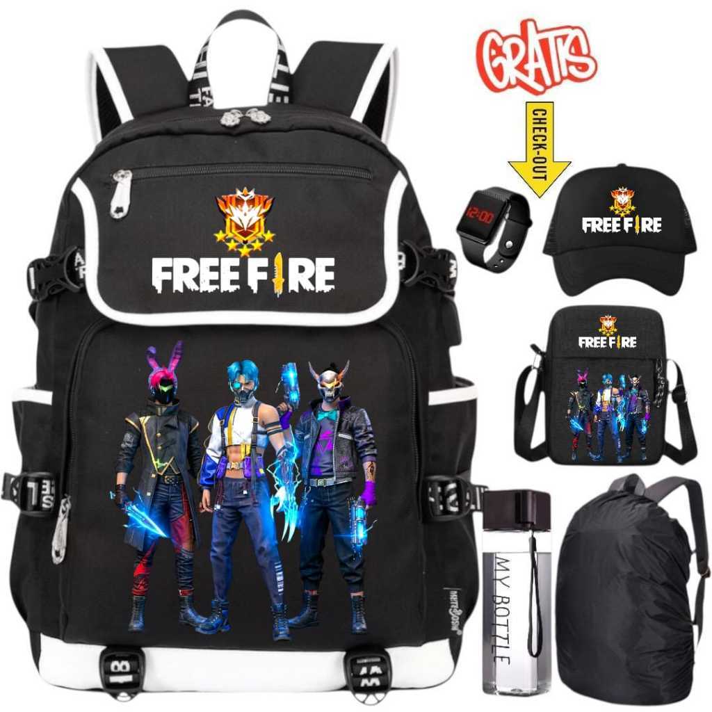 HORANSHOP Free Fire School Backpack 0.0005 -6 in 1 - ฟรีนาฬิกาดิจิตอล หมวก กระเป๋าสะพาย & ขวดของฉัน
