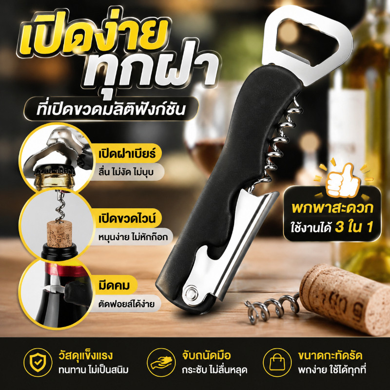ที่เปิดขวดไวน์ 4 in 1 ชุดเปิดฝาขวด เบียร์ เปิดง่าย ที่เปิดขวดเอนกประสงค์ สแตนเลสแท้