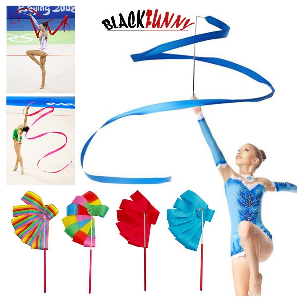 BLACKFUNNY 4M สีสัน Gym Dance Rhythm Art Gymnastic ริบบิ้นบัลเล่ต์ Streamer Twirling Rod Stick สําหร