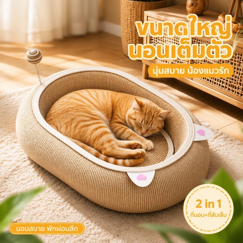 แผ่นลับเล็บแมว ที่นอนแมว 2 in 1 เชือกซิซาล ทนขีดข่วน ขนาดใหญ่ เสื่อเกาเล็บแมว