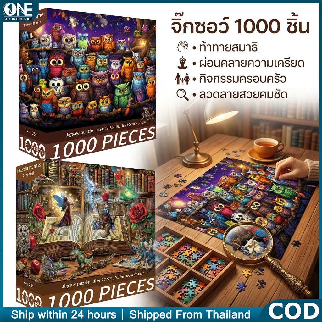 จิ๊กซอว์ 1000 ชิ้น ลายนกฮูก | Jigsaw Puzzle 70x50cm ของเล่นเสริมพัฒนาการ ของขวัญผู้ใหญ่และเด็ก ลายสัตว์น่ารัก