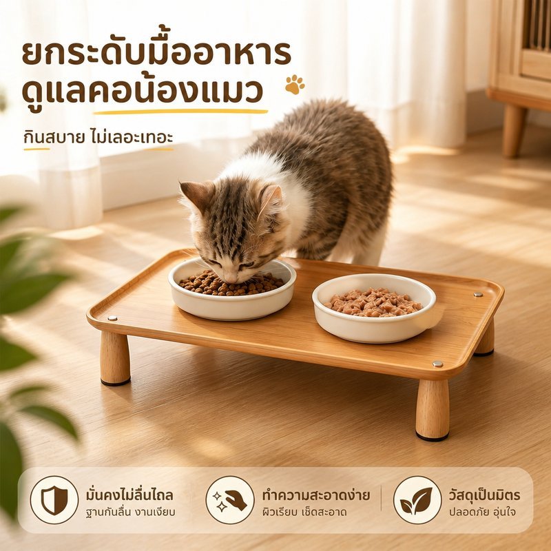 โต๊ะอาหารแมวยกสูง ที่วางอาหารแมว โต๊ะอาหารสัตว์เลี้ยง ฐานกันลื่น กันหก ถาดรองใหญ่ ถอดล้างง่าย