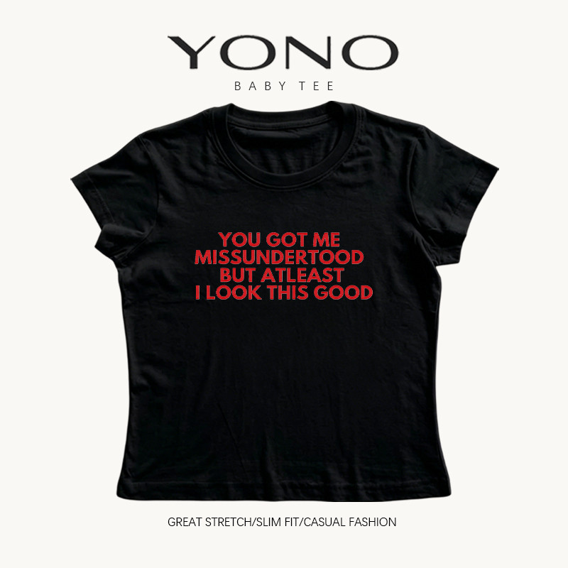 (พร้อมส่ง24ชม.) YONO baby tee สีดำ ลายข้อความอังกฤษสีแดง ทรงเข้ารูป ลุคสตรีท y2k