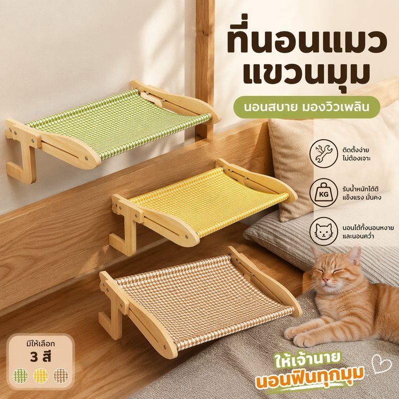 เปลแมวแขวนหน้าต่าง เตียงแมวติดขอบ เคลื่อนย้ายง่าย ไม้หนา ผ้าถอดซักได้ ที่นอนแมวส่องนก