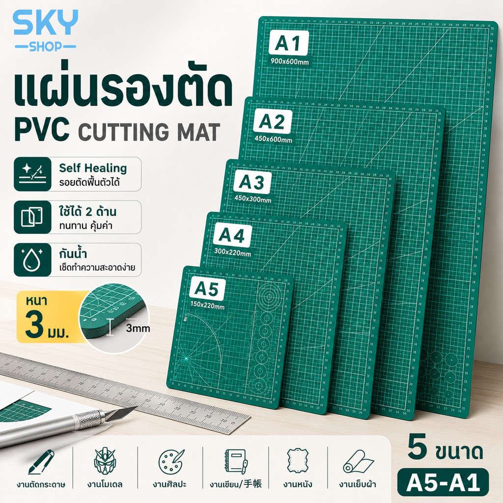 SKY แผ่นรองตัด แผ่นยางรองตัด ขนาด A4/A3/A2 1 แผ่น แผ่นรองกรีด แผ่นรองตัดกระดาษ สำหรับคัทเตอร์ แผ่นยางคุณภาพดี
