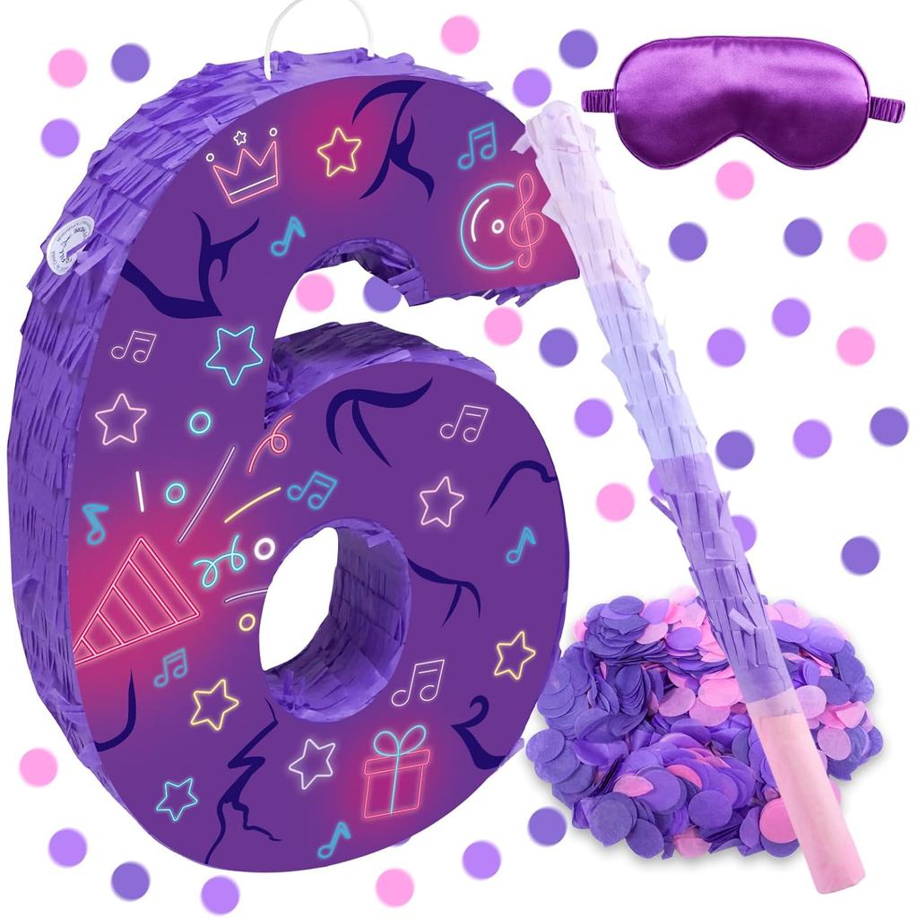 Musical Note ตกแต่งวันเกิด, 15.7 x 11.5 x 3 นิ้วสีม่วง Musical Note หมายเลข 6 Pinata พร้อม 16 นิ้ว P