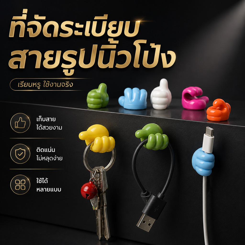 อุปกรณ์จัดสายเคเบิลติดผนังและโต๊ะ รูปนิ้วโป้ง กาวแน่น ไม่ทิ้งคราบ ช่วยลดความรกของสายไฟ ใช้งานได้ทุกวัน สีคละน่ารัก