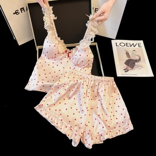 LACE CHILLI ชุดนอนผู้หญิง สายเดี่ยว ซาติน 2 ชิ้น ผ้านิ่ม ลูกไม้ สไตล์เกาหลี 🍃 #M-5XL SET-123