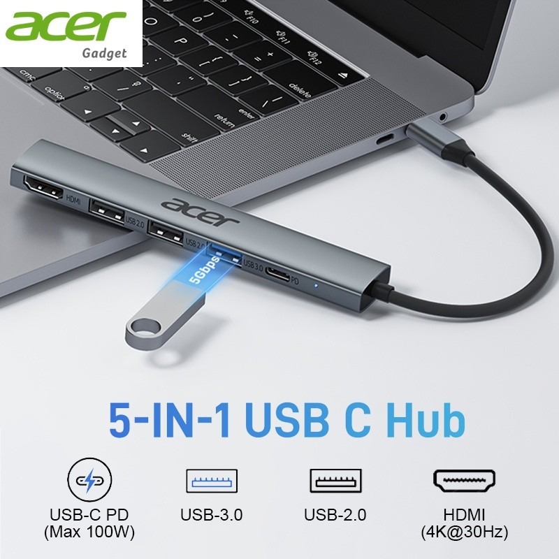 Acer 5 in 1 USB C Hub 4K HDMI USB HUB 100W Multiport Adapter สําหรับ MacBook Pro/Air, iPad Pro, iMac