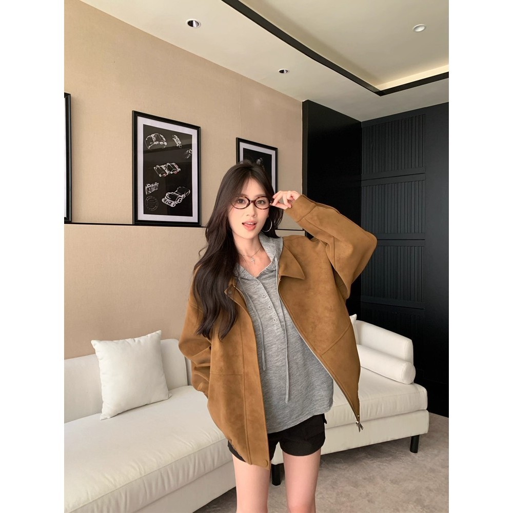 [หนังเกล็ดหิมะดั้งเดิม] Melade Retro Suede Jacket ผู้หญิงฤดูใบไม้ร่วงหลวม Lapel Casual Motorcycle Ja