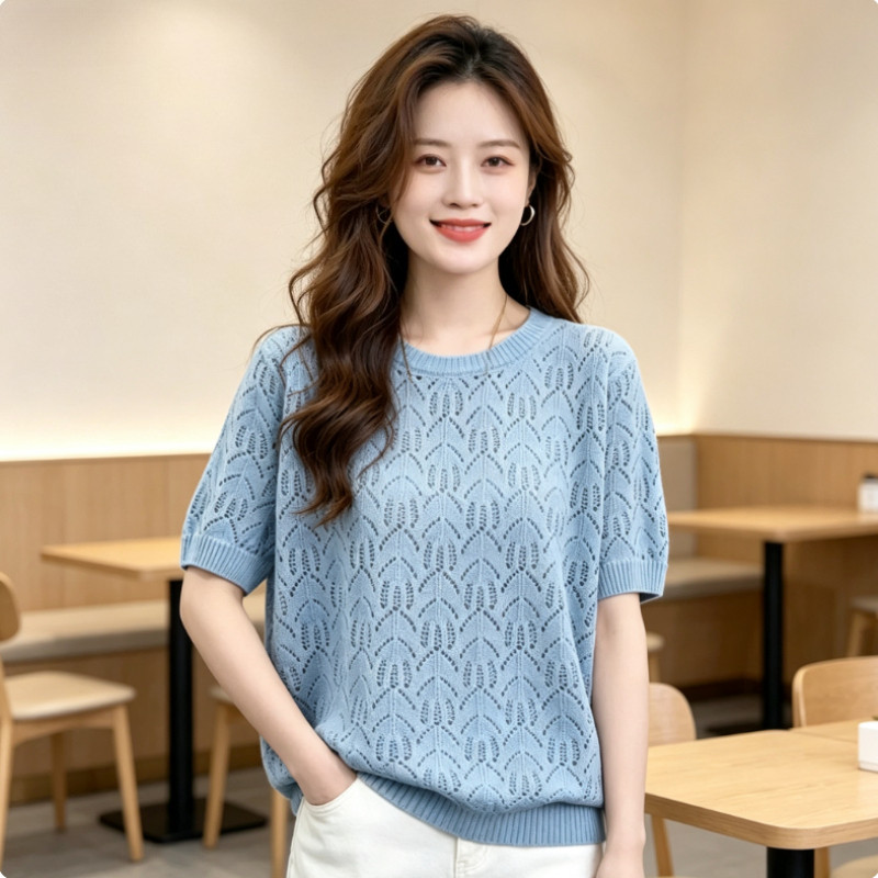 ผู้หญิงกลวงออกแขนสั้นถักด้านบนเวอร์ชั่นเกาหลีที่สง่างามรอบคอเสื้อสวมหัวด้านบน