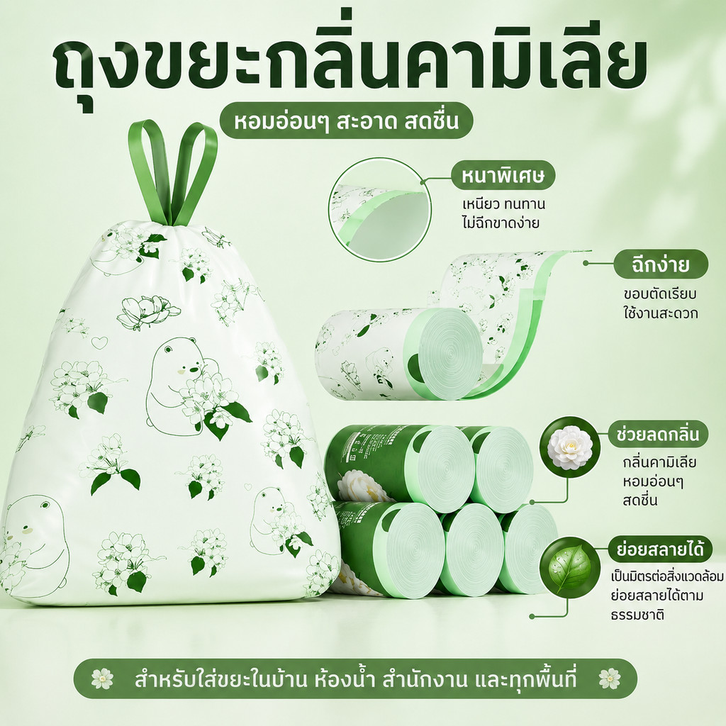 ร้านอาหารคาเฟ่นิยม ถุงขยะกลิ่นคามิเลีย ลดกลิ่นไม่พึงประสงค์ ฉีกง่ายเก็บงานไว ถุงหนาทนทาน พร้อมส่ง พร้อมส่งทุกวัน