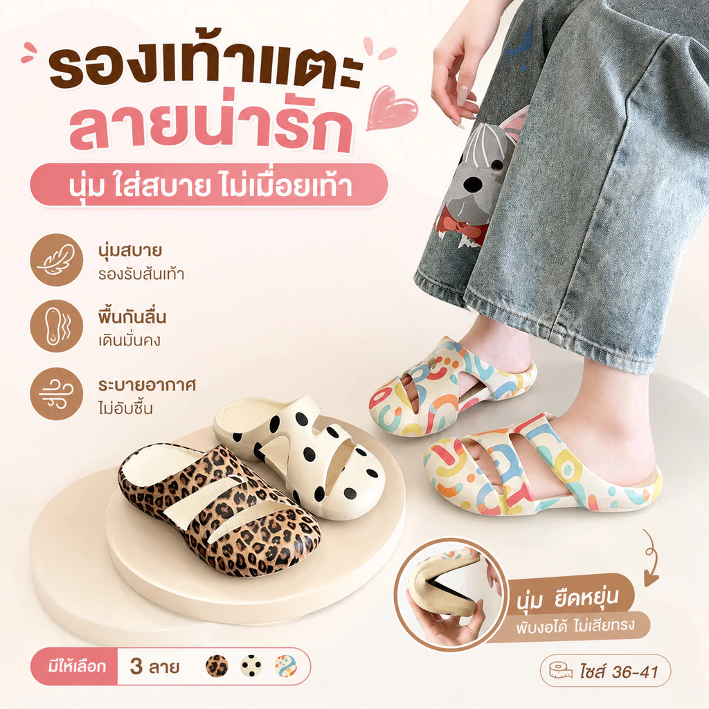 SHO-2645🍉รองเท้าพื้นยางพิมลาย แฟชั่นสไตล์เกาหลี พื้นนิ่มใส่สบาย รองเท้าแตะปิดหัวสุดน่ารัก รองเท้ามินิมอล🍉