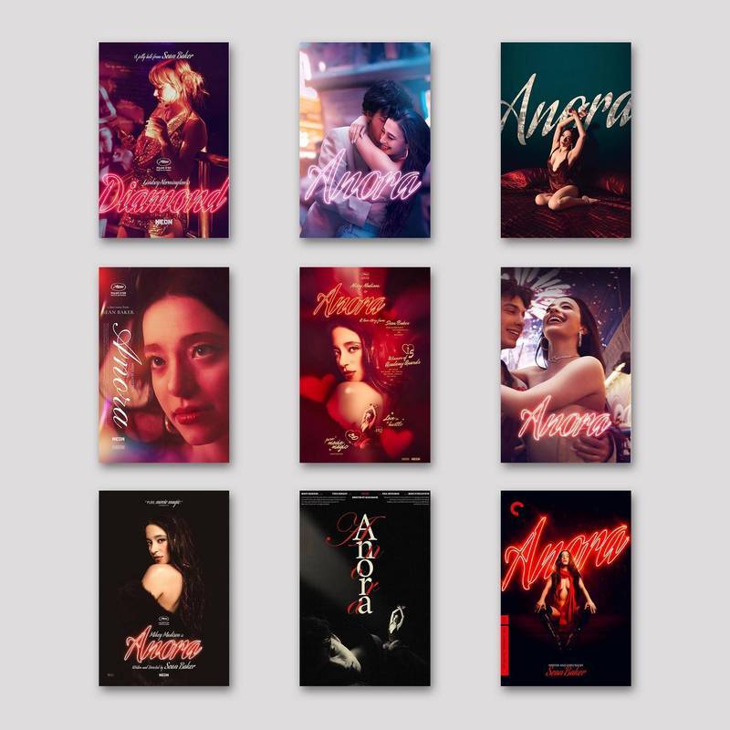 Anora ผ้าใบพิมพ์ Moody Neon Romance ภาพยนตร์โปสเตอร์ตกแต่งผนังสําหรับบาร์ห้องนอน