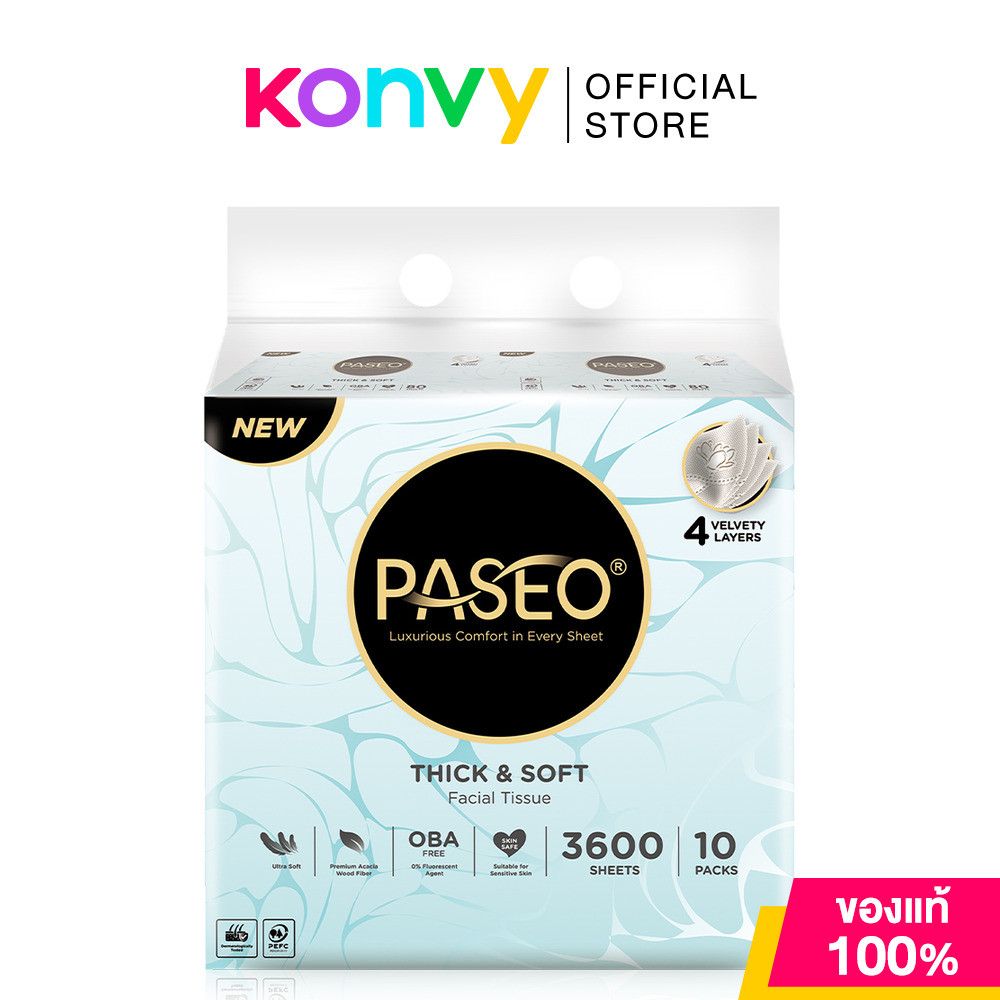 Paseo Facial M Size [90 Sheets x 10pcs] กระดาษเช็ดหน้า ขนาดกลาง หนา 4 ชั้น พาซิโอ สัมผัสนุ่มละมุน อ่อนโยน.