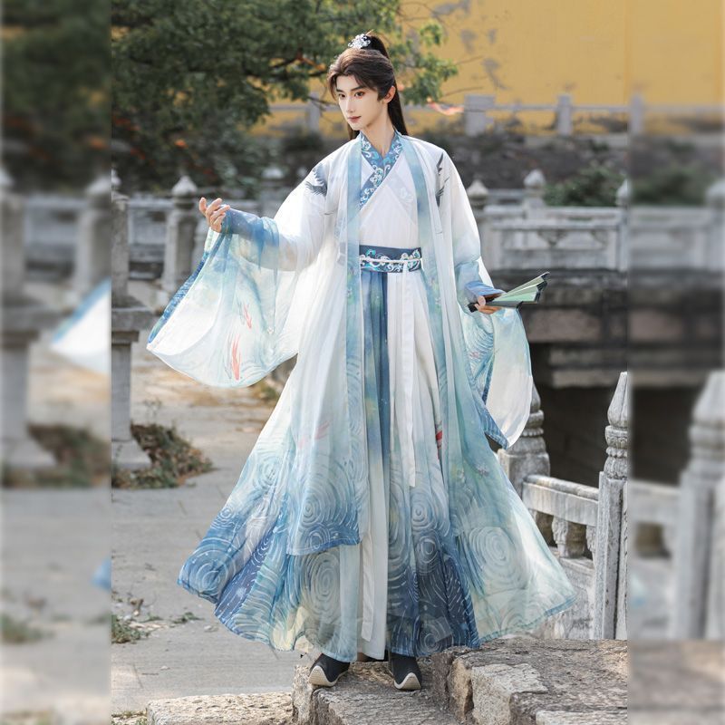 เสื้อผ้าผู้ชาย Hanfu จีน Made Xianxia เครื่องแต่งกายโบราณข้ามคอ Qi Wuxia ชุด